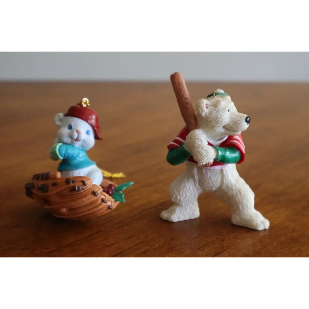 Lot 2x Baseball Bunny Rabbit Glove Bat Polar Bear Swinging Christmas Ornament